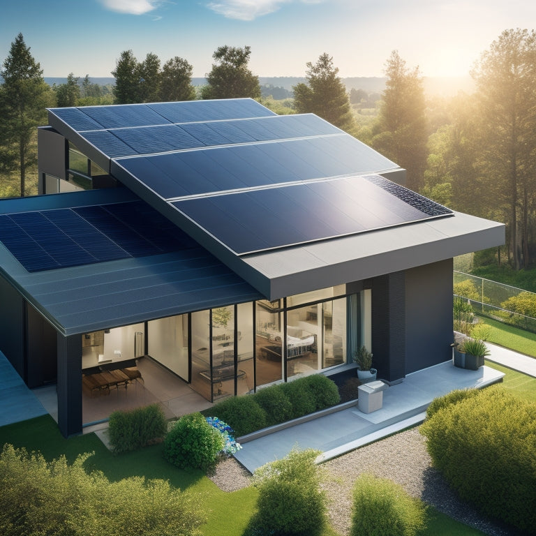 A modern home's rooftop with sleek, black solar panels installed, connected to a sleek, compact battery system with a subtle LED glow, surrounded by lush greenery and a clear blue sky.