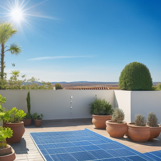 A sunny rooftop with sleek, black solar panels installed in a staggered pattern, surrounded by clay tiles and a few potted plants, set against a bright blue sky with a few wispy clouds.
