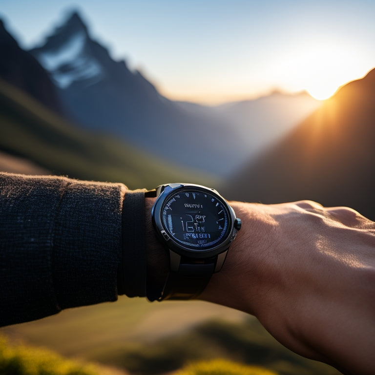 A close-up of a person's wrist wearing a sleek solar-powered GPS watch while hiking, with a blurred mountainous landscape in the background.