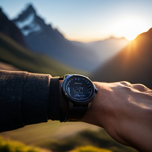 A close-up of a person's wrist wearing a sleek solar-powered GPS watch while hiking, with a blurred mountainous landscape in the background.