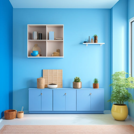 A serene, modern, minimalist interior with a small, wall-mounted solar panel, a compact shelving unit, and a few, carefully-placed, space-saving storage bins, set against a calm, soft-blue background.