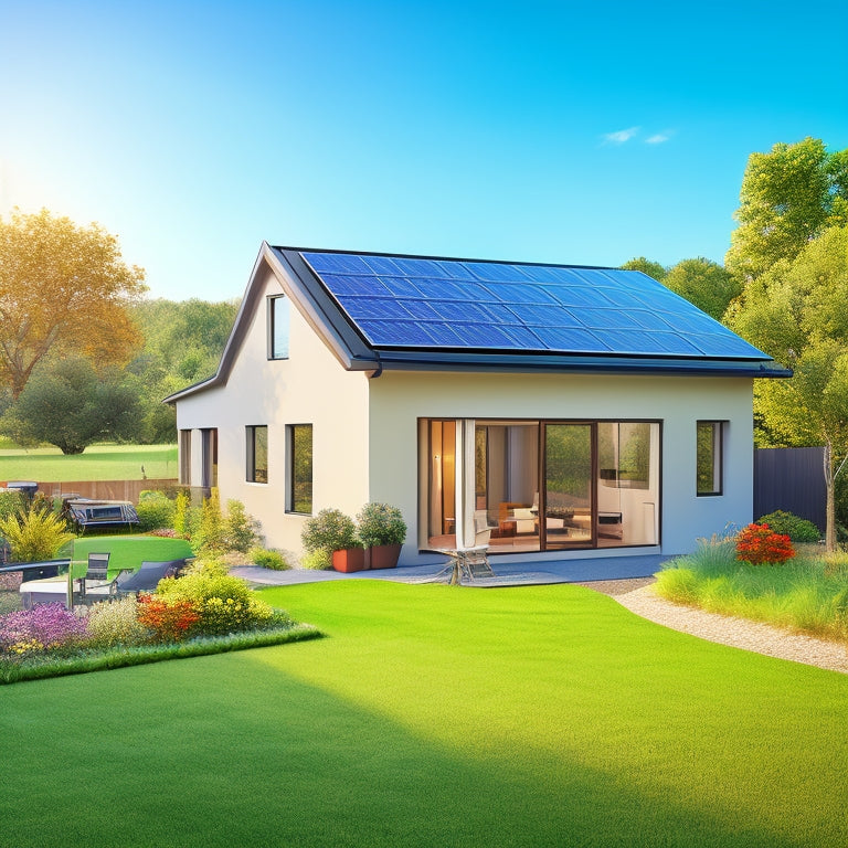 An illustration of a modern, eco-friendly home with solar panels on the roof, a wind turbine in the backyard, and a compact battery storage system next to a greenery-filled garden.