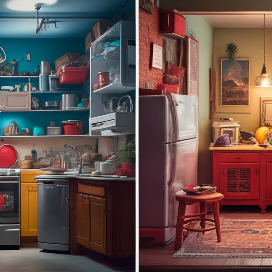 A split-screen image: a cluttered, dimly lit room with old appliances and tangled cords on one side, and a bright, organized space with energy-efficient bulbs and a smart thermostat on the other.