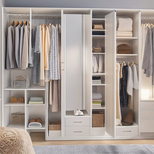 A bright, modern closet interior with sleek, silver metal organizers featuring built-in solar panels, surrounded by neatly arranged clothes and accessories, with soft, natural light pouring in.