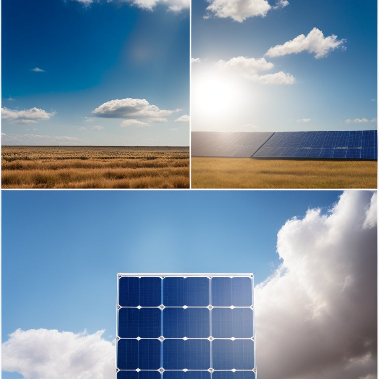 A split-screen illustration contrasting a small, high-efficiency solar panel with a large, lower-efficiency one, both set against a bright blue sky with fluffy white clouds and a subtle grid pattern in the background.