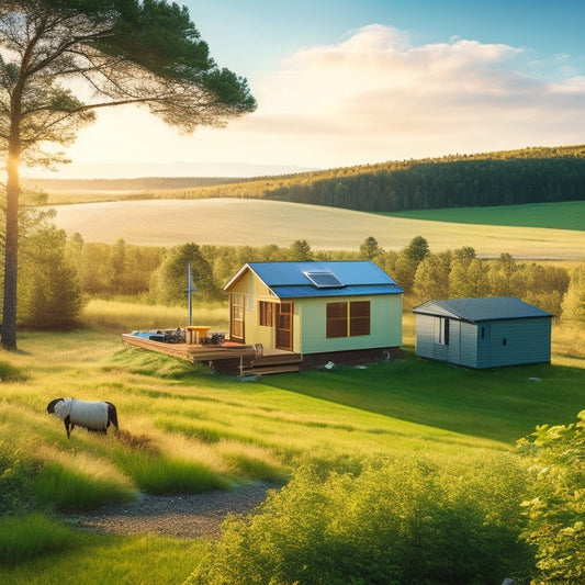 A serene, off-grid cabin surrounded by lush greenery, with a rooftop solar array, a wind turbine, and a battery bank with various DIY storage solutions, amidst a peaceful, sunny landscape.