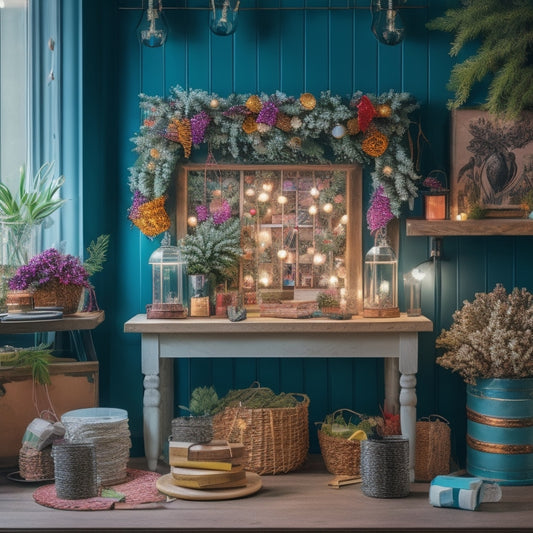 A cozy workspace filled with vibrant string lights transformed into various DIY projects: a whimsical garden trellis, a festive wreath, illuminated photo frames, and a charming lantern, all surrounded by crafting tools and colorful materials.