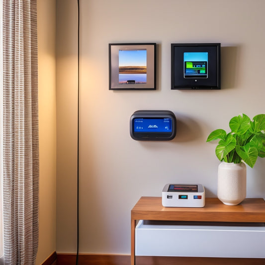 A modern home interior with a sleek, wall-mounted charging station featuring multiple USB ports and a digital display, surrounded by various devices and cables, amidst a minimalist background.