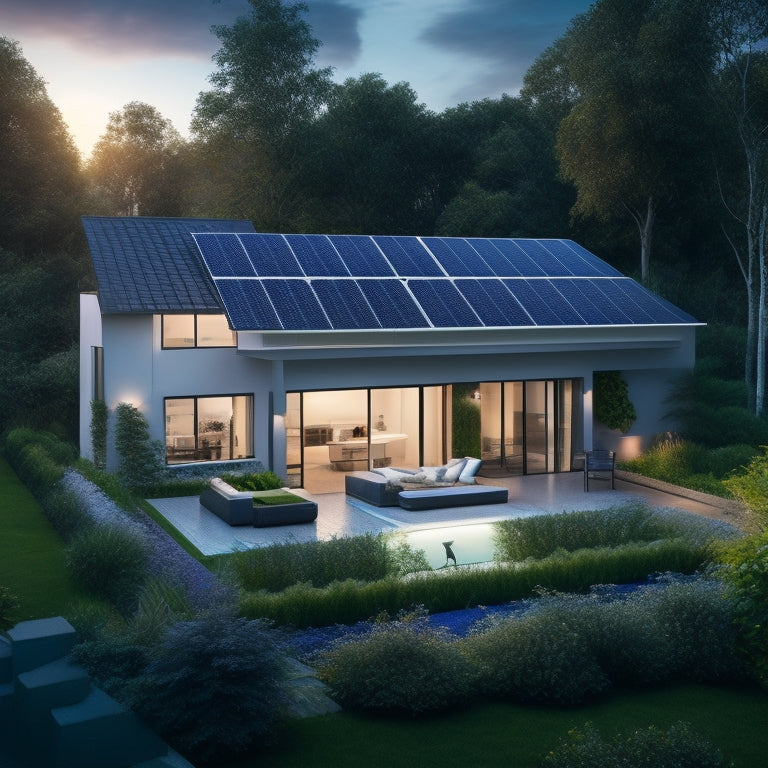 A modern home with a sleek, silver solar panel array on the roof, connected to a compact, wall-mounted battery system with glowing blue LED lights, surrounded by lush greenery.