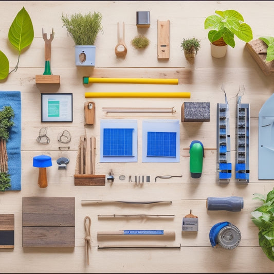 A split-screen image featuring 10 distinct DIY renewable energy kits, each with varied components and tools, arranged on a wooden workbench against a bright blue background with scattered green leaves.