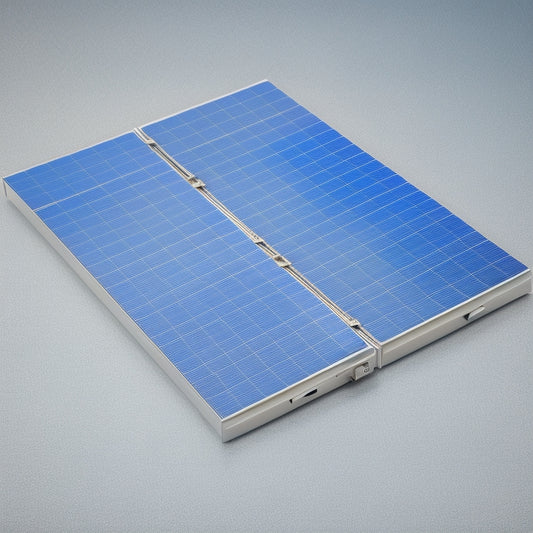 A compact, sleek solar panel array (6-8 panels) on a white background, connected to a small, silver battery (with a subtle grid pattern) and thin, black wires, surrounded by faint, glowing blue lines.