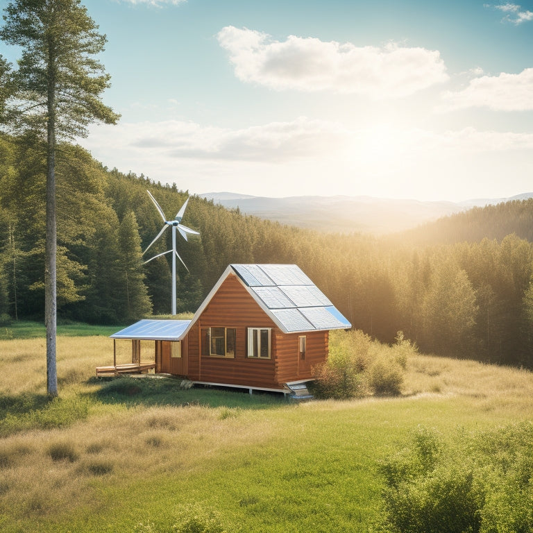 A serene off-grid cabin surrounded by lush greenery, with a solar panel array on the roof, a wind turbine in the distance, and a clear blue sky with a few wispy clouds.