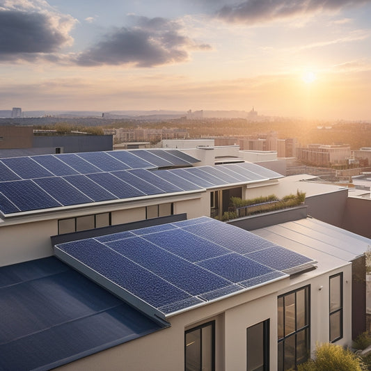 A modern residential rooftop with multiple solar panels in varying efficiencies, angled towards the sun, surrounded by sleek roofing tiles and a subtle cityscape in the background.