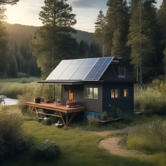 A serene off-grid homestead scene: a small cabin surrounded by lush greenery, with a rooftop solar panel array and a battery bank in the foreground, connected by sleek black cables.