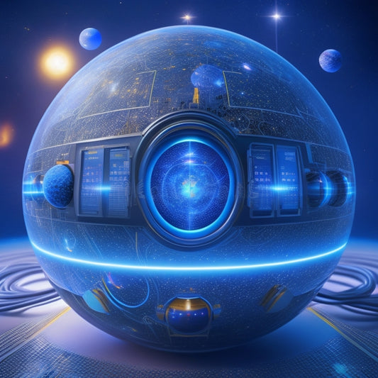 A stylized illustration of a futuristic, spherical battery bank with glowing blue orbs, surrounded by orbiting planets and stars, with solar panels and cables connecting the system.