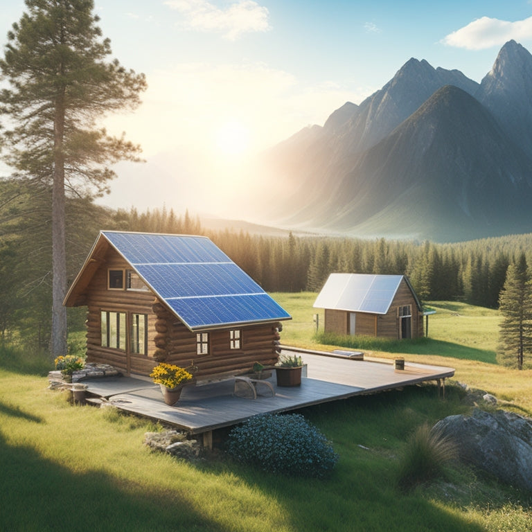 A serene off-grid landscape featuring a modern solar energy generator beside a cozy cabin, surrounded by lush greenery, mountains in the distance, and a clear blue sky, with sunlight reflecting off solar panels.