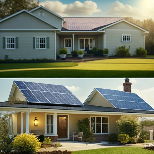 A split-screen image featuring a suburban house with solar panels on the roof on one side, and a calculator, pencil, and notebook with mathematical formulas and diagrams on the other.