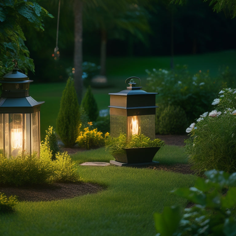 A serene garden at dusk, illuminated by various stylish solar lanterns in different shapes and sizes, casting warm, inviting glows on lush greenery and vibrant flowers, creating a tranquil and magical atmosphere.