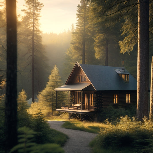 A serene, secluded cabin nestled among towering trees, with a sloping roof covered in sleek, black solar panels, surrounded by lush greenery and a misty, golden morning light.