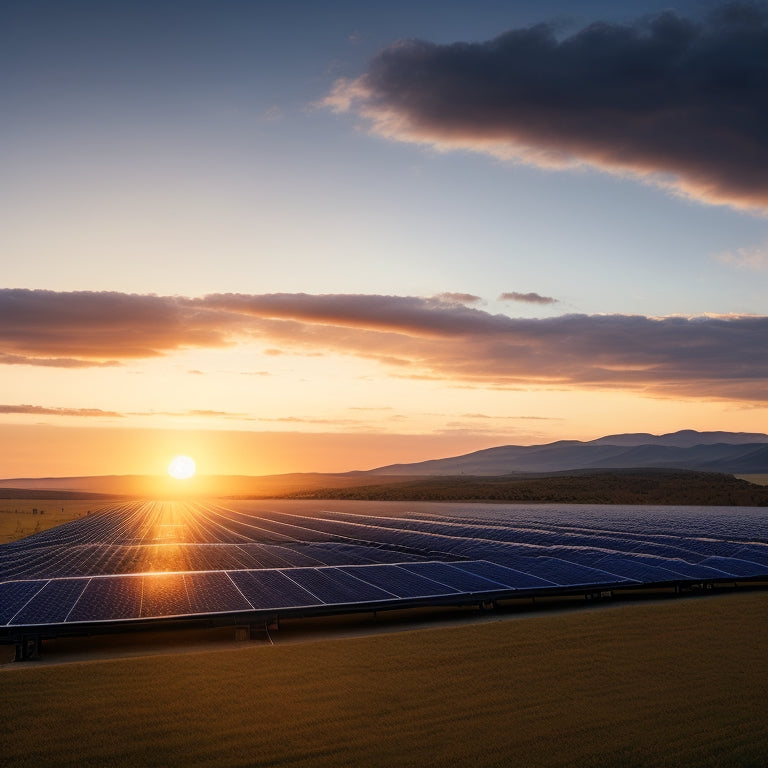 A photorealistic illustration of a modern solar panel farm at sunset, with rows of sleek black panels angled towards the horizon, surrounded by rolling hills and a few wispy clouds.