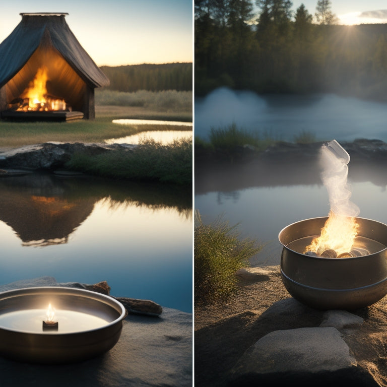 A split scene: one side shows a solar still with sunlight shining on water evaporating into a clear container, while the other side features a traditional purification setup with boiling water over a fire and a pot.