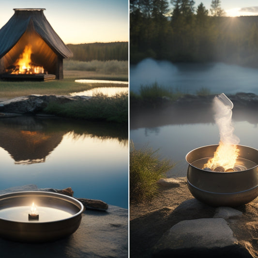A split scene: one side shows a solar still with sunlight shining on water evaporating into a clear container, while the other side features a traditional purification setup with boiling water over a fire and a pot.