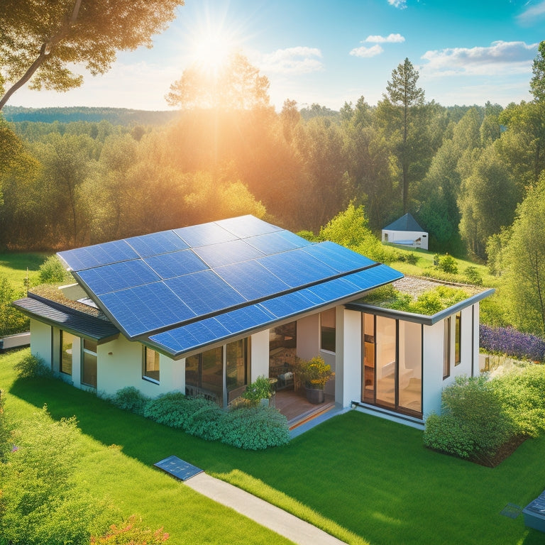 A sunny day with a modern, sleek, and silver rooftop solar panel system installed on a residential house, surrounded by lush green trees and a bright blue sky.