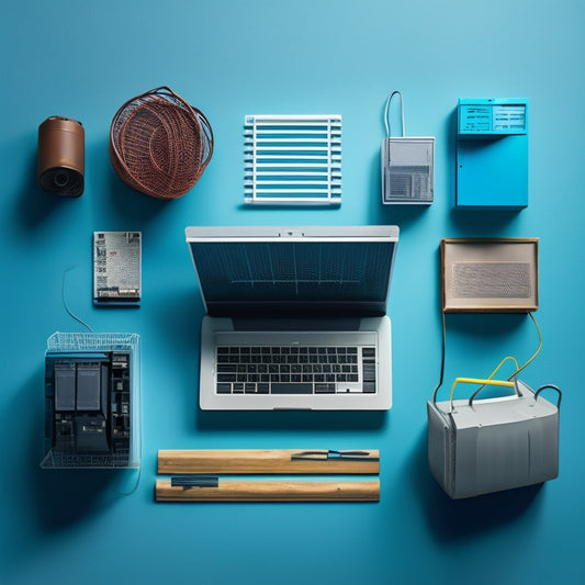 A minimalist illustration featuring a laptop and a shopping cart surrounded by various inverter devices, wires, and electrical components, set against a subtle grid background.