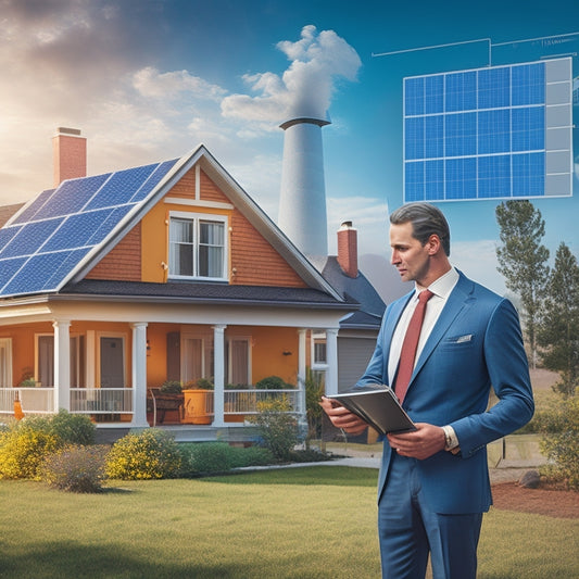 An illustration of a person standing in front of a house with a clipboard, surrounded by solar panels, wind turbines, and a calculator, with a subtle grid of numbers and measurements in the background.