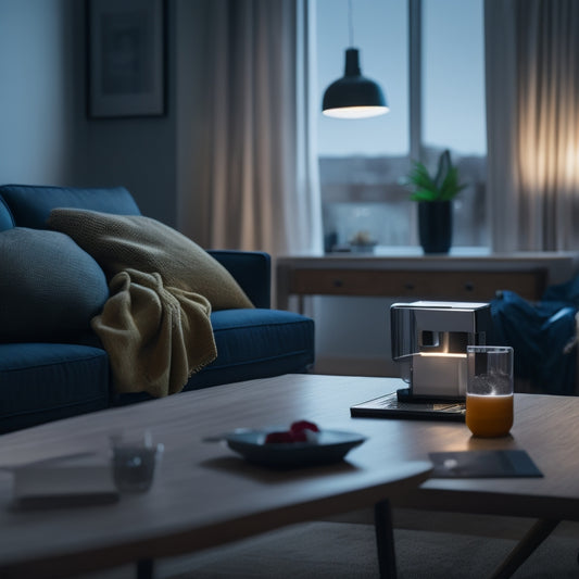 A modern living room with a darkened window, a dead smartphone, and a flat-screen TV shutting down, contrasted with a bright, fully charged emergency battery pack on a nearby coffee table.