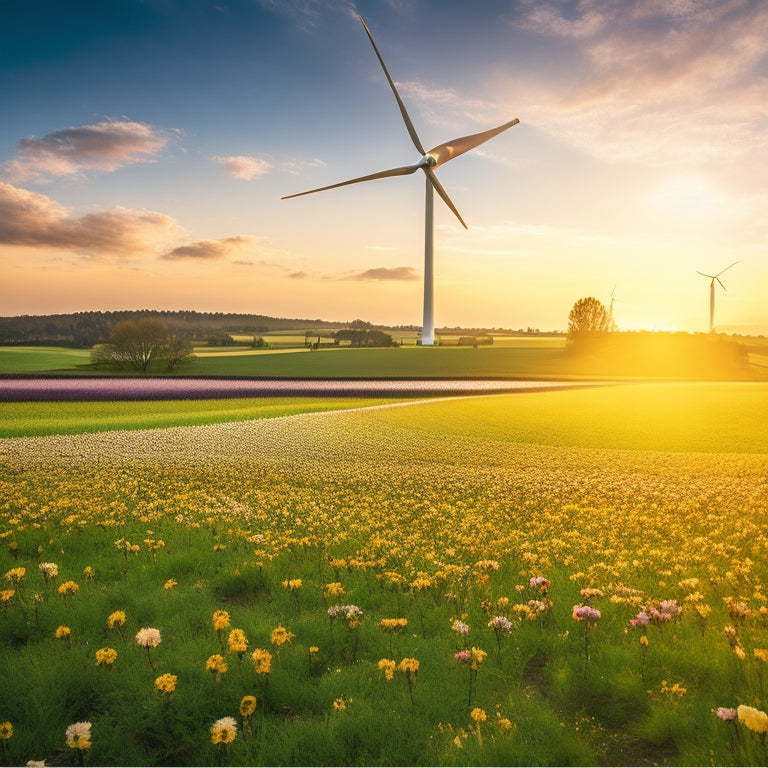 A serene landscape showcasing solar panels glistening under the sun, wind turbines gracefully spinning in the background, and a lush green field with vibrant flowers, all symbolizing harmony between technology and nature.
