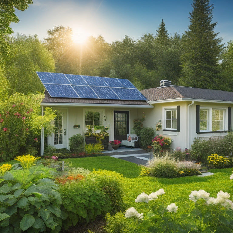 A serene, sun-drenched backyard with a sleek, modern solar panel array installed on the roof, connected to a compact inverter and battery storage unit, amidst lush greenery and vibrant flowers.