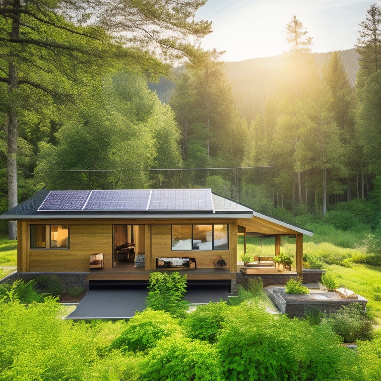 A serene off-grid home surrounded by lush greenery, featuring a sleek, modern inverter system on a wooden deck, solar panels on the roof, and a clear blue sky above, emphasizing sustainability and harmony with nature.