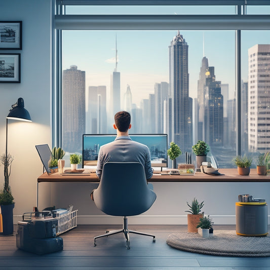 A minimalist illustration of a person sitting at a desk in front of a laptop, surrounded by various energy-efficient gadgets and devices, with a cityscape or house in the background, conveying a sense of eco-friendliness and sustainability.