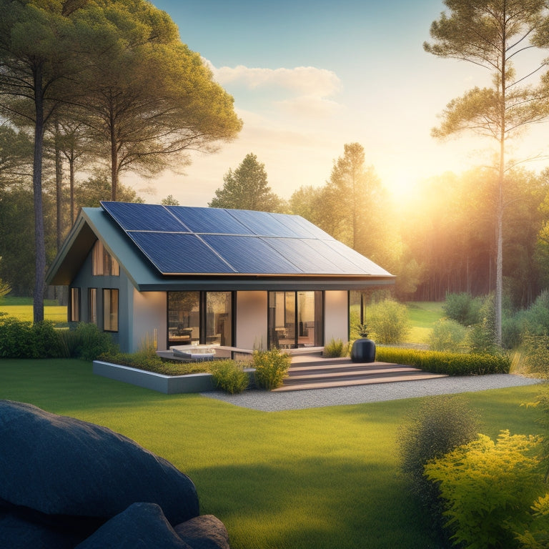 A serene landscape with a modern solar-powered home, surrounded by lush greenery, with a subtle sunburst in the background, and a few sleek, black solar panels mounted on the roof at a 30-degree angle.