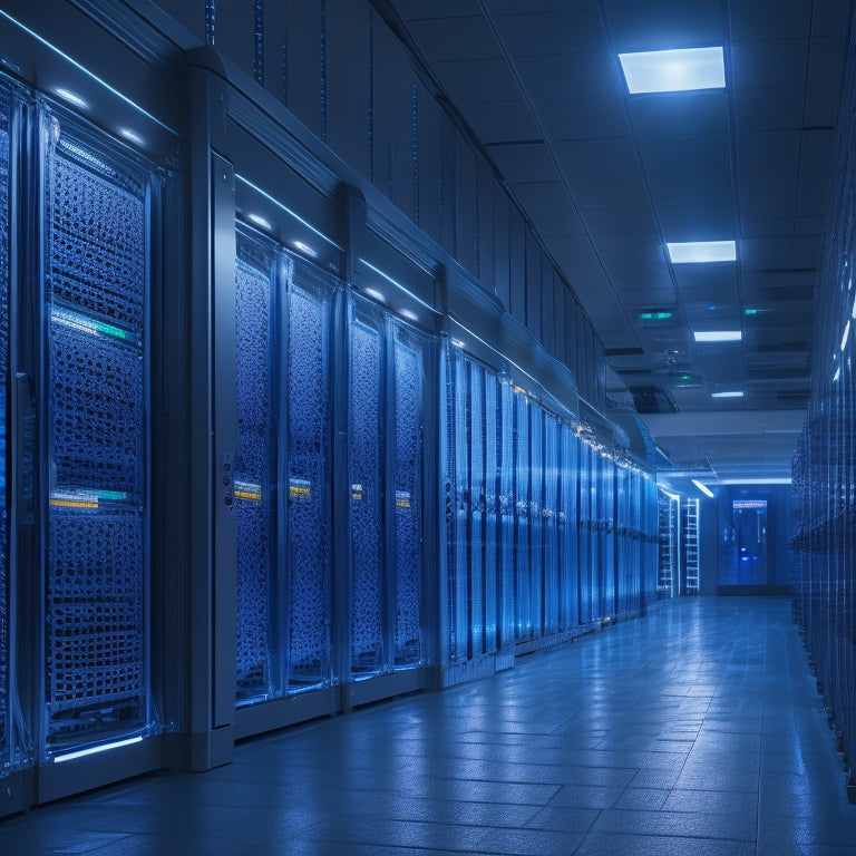 A futuristic, dimly lit data center with rows of humming servers, surrounded by sleek, modern battery racks and power distribution units, illuminated by soft blue LED lights.