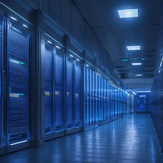 A futuristic, dimly lit data center with rows of humming servers, surrounded by sleek, modern battery racks and power distribution units, illuminated by soft blue LED lights.