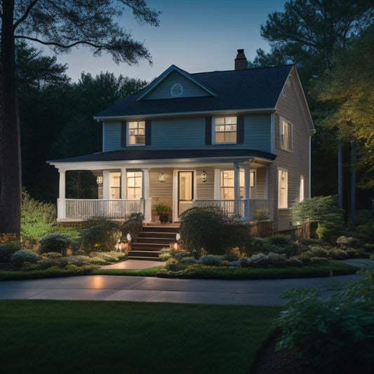 A serene suburban home at dusk with a faintly glowing backup generator humming in the backyard, surrounded by lush greenery, while interior lights shine bright through the windows.
