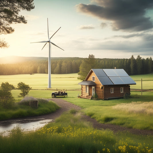 A serene rural landscape with a rustic cabin, surrounded by lush greenery, featuring a sleek off-grid solar panel array installed on the roof, with a wind turbine in the distance.