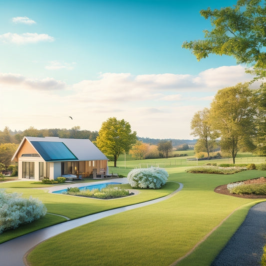 A serene residential landscape with a modern eco-friendly home, solar panels on the roof, a wind turbine in the distance, and a green lawn with a few trees and a recycling bin nearby.