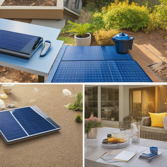 A split-screen image: a sunny backyard with a rooftop solar panel installation, and a tablet with a calculator and a blueprint, surrounded by scattered notes and coffee cups.