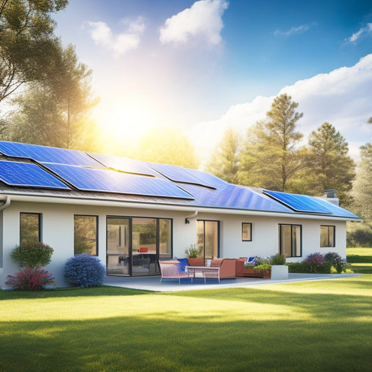 A illustration of a modern residential home with solar panels on the roof, a sleek cooling unit on the side, and a bright blue sky with fluffy white clouds, surrounded by lush greenery.