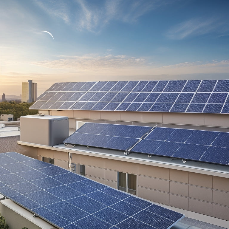 A photorealistic image of a sleek, modern solar panel array on a rooftop, with various upgrade components scattered around, including a high-efficiency inverter, a monitoring system, and a battery storage unit.