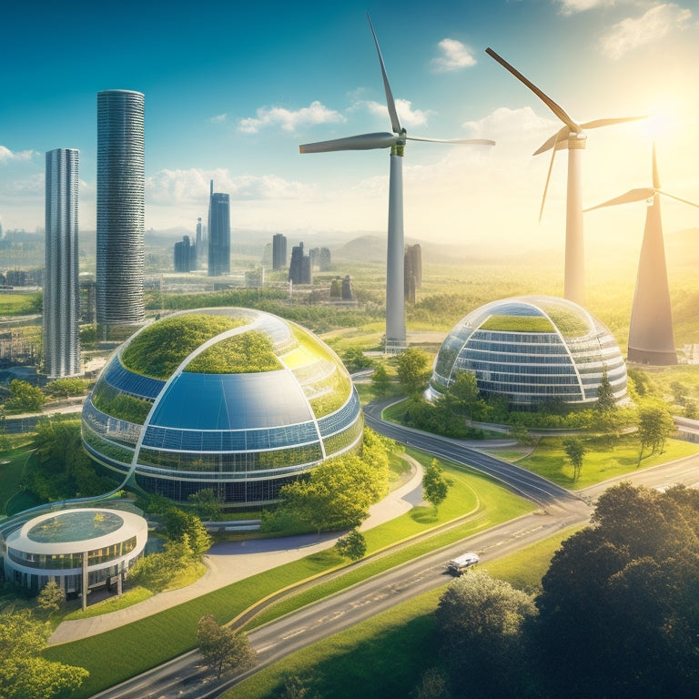 An illustration of a futuristic cityscape with sleek, sustainable buildings, surrounded by lush greenery, featuring various energy storage systems: batteries, fuel cells, and flywheels, amidst wind turbines and solar panels.