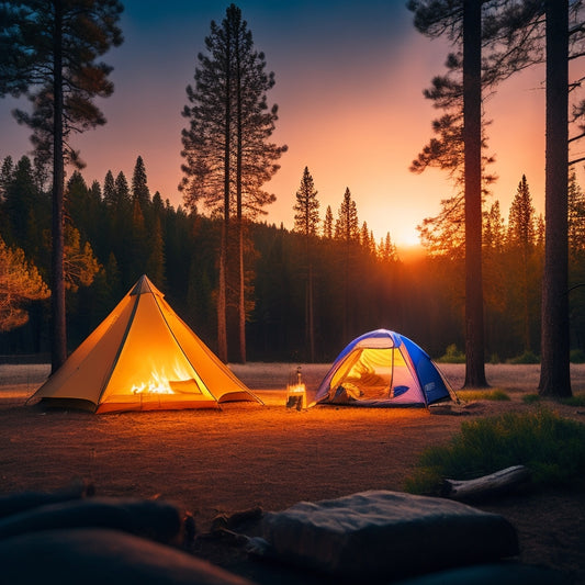 A serene campsite at sunset, featuring sleek, folded portable solar panels beside a cozy tent, surrounded by pine trees, with a glowing campfire and a starry sky above, evoking a sense of adventure and sustainability.