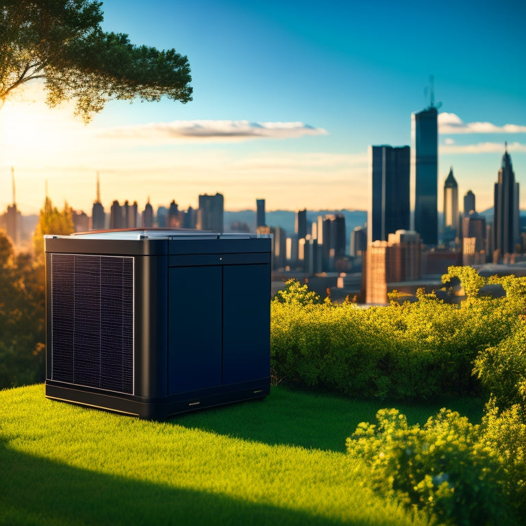 A modern, sleek, and black solar battery backup generator system with shiny metal casing, surrounded by greenery, with solar panels on the roof and a subtle cityscape in the background.
