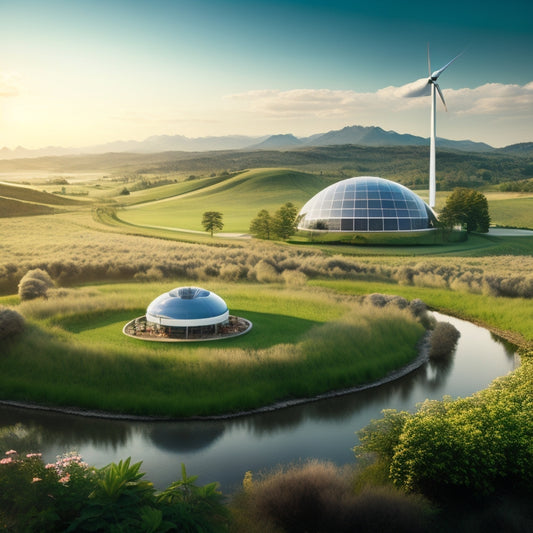 A serene landscape with a sustainable home at its center, surrounded by wind turbines, solar panels, and a lush green garden, with a faint image of a globe in the background.
