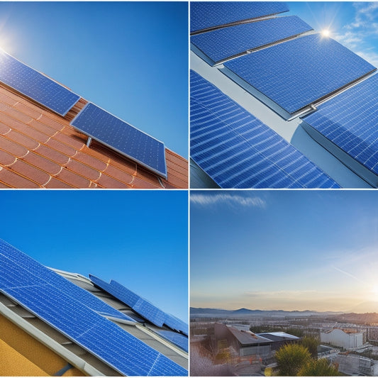 A close-up view of diverse rooftop solar mounts, showcasing different materials and designs on various pitched roofs under a clear blue sky, with sunlight reflecting on the solar panels, emphasizing durability and aesthetic integration.