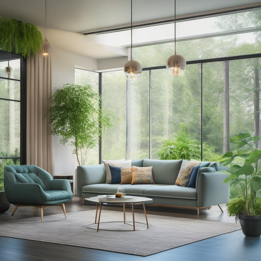 A serene, modern living room with a floor-to-ceiling window, featuring a sleek, minimalist chandelier made from recycled glass and energy-efficient LED bulbs, surrounded by lush green plants.