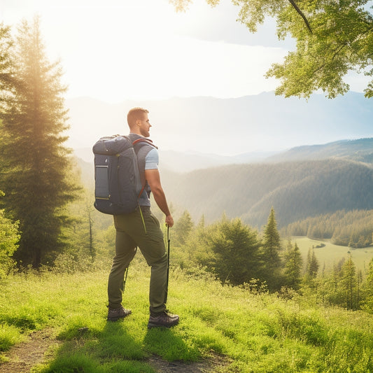 A serene outdoor scene with a person hiking in the distance, a portable solar panel charger on a backpack, and a fully charged smartphone amidst lush greenery and a sunny sky.